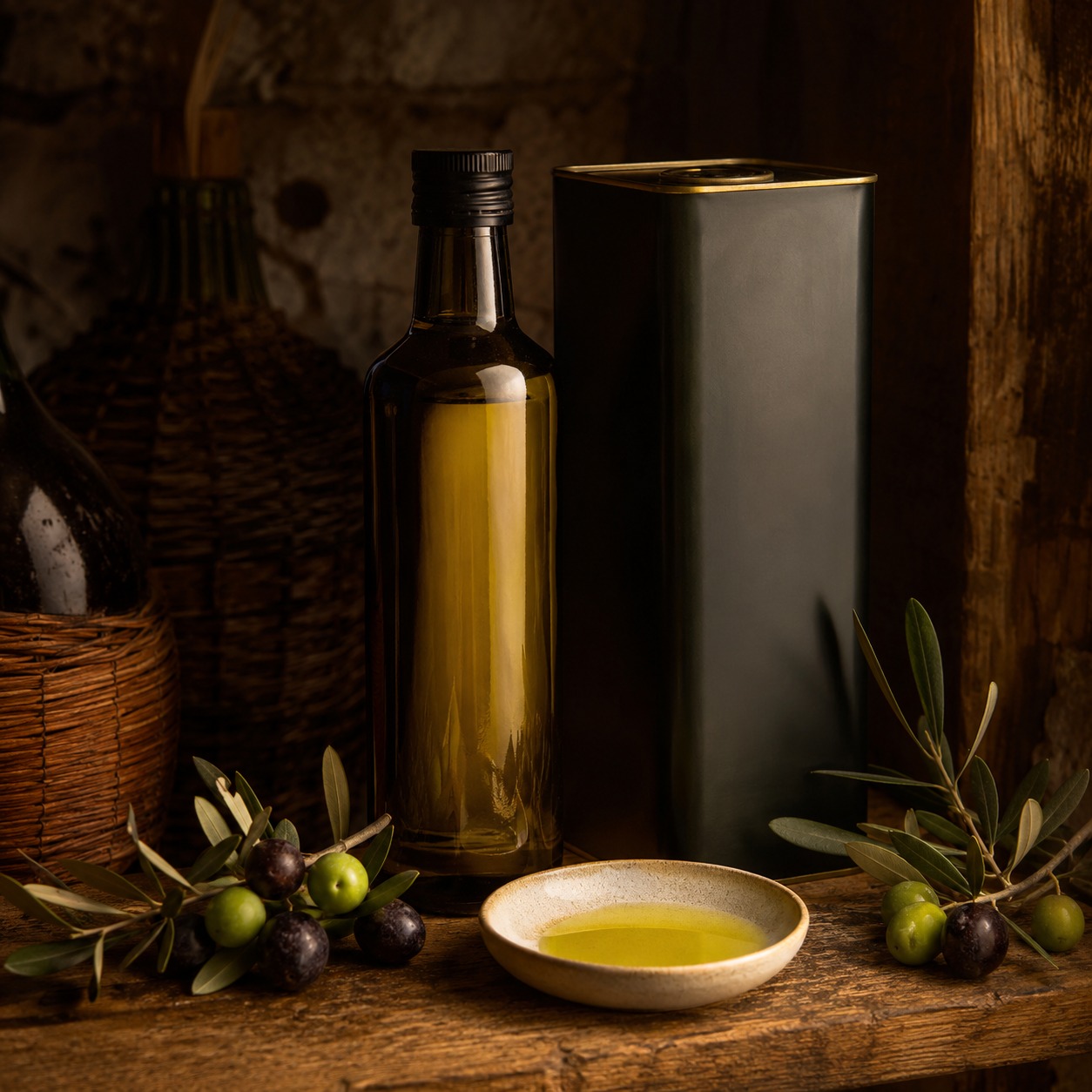 Conservazione olio di oliva in bottiglia scura e latta al riparo dalla luce